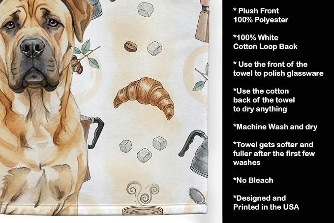 Caroline's Treasures Fawn Boerboel Coffee Bar Kitchen Towel Velour Plush Front and Cotton Loop Back Machine Washable