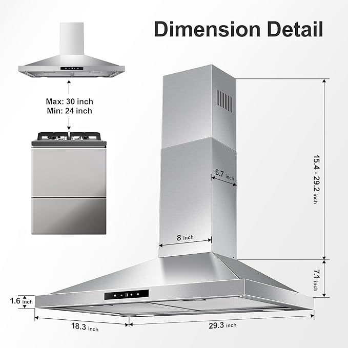 Tieasy Range Hood 30 inch Wall Mount, Kitchen Vent Hood 450 CFM in Stainless Steel, Stove Vent Hood with Ducted Convertible Ductless, Touch Switch, LEDs Light, 3-Speed Fan, Aluminum Filters