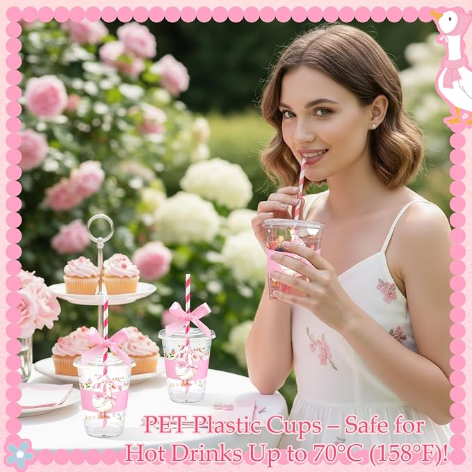 Jingmore 60 Sets Plastic Cups Bulk 12 oz Plastic Disposable Cups with Lids Sleeves and Straws Smoothie Clear Drink Disposable Party Favor Holiday Birthday Wedding Party Supplies(Silly Goose)