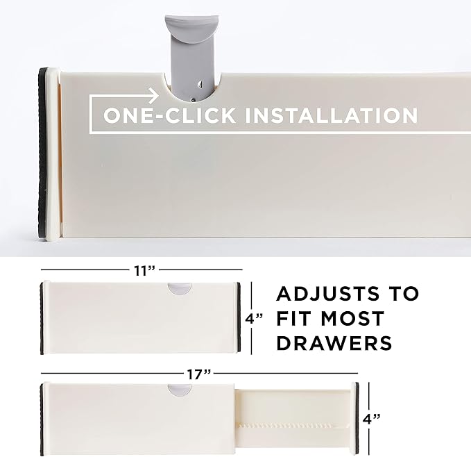 Berry Ave Broom Holder Grey (1 Pack) and Drawer Dividers Organizer, 4" High, Expandable from 11"-17" (4-Pack)