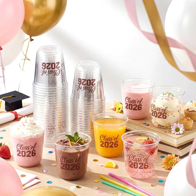 Potchen 50pcs Graduation Cups Class of 2026 12oz Clear Plastic Graduation Party Cups for 2026 Celebration Party Supplies Congrats Grad Tableware Decoration(Maroon)