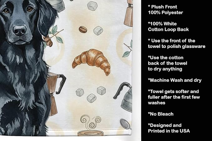 Caroline's Treasures Black Flat-Coated Retriever Coffee Bar Kitchen Towel Velour Plush Front and Cotton Loop Back Machine Washable