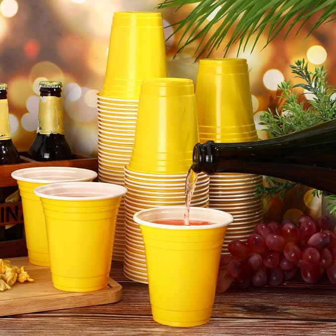 Sabary 100 Pack 12oz Plastic Cups Yellow Graduation Heavy Duty Drinking Disposable Cups with Lines for Beverage Holiday Wedding Camping Barbecues Birthday Party Outdoor Picnic(Yellow and White)