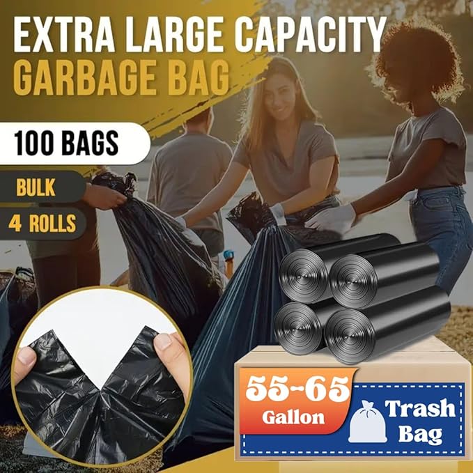 50 55 60 Gallon Trash Bags, 100 Count High Density Garbage Bags, Recycling Trash Can Liners, Sturdy & Tear-Resistant Large Black Bag for Kitchen Yard Outdoor Commercial Use, Lawn Leaf Waste Bags