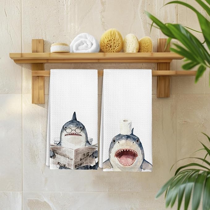 Funny Ocean Shark Hand Towels for Bathroom Washroom Decor, Shark Themed Gifts for Boys Kids, Sharks Decorative Hand Towels Set of 2, Coastal Sharks Reading Newspaper Dish Tea Towels, 16x24 In