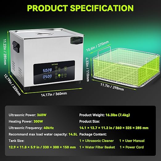 Ultrasonic Cleaner, One-Touch Cleaning,Heating, Deep Mode, ECO Energy-Saving Ultrasonic Cleaning Machine Excellent for Labs,Carburetor,Jewelry,Dentures,Automotive & Industrial Parts. (15L)