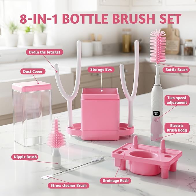 Electric Bottle Brush Cleaner with Drying Rack & LED Display, Rechargeable Baby Bottle Cleaning Kit, 360° Automatic Bottle Washer for Travel & Home, Silicone Spin Brush Set for New Parents, Pink