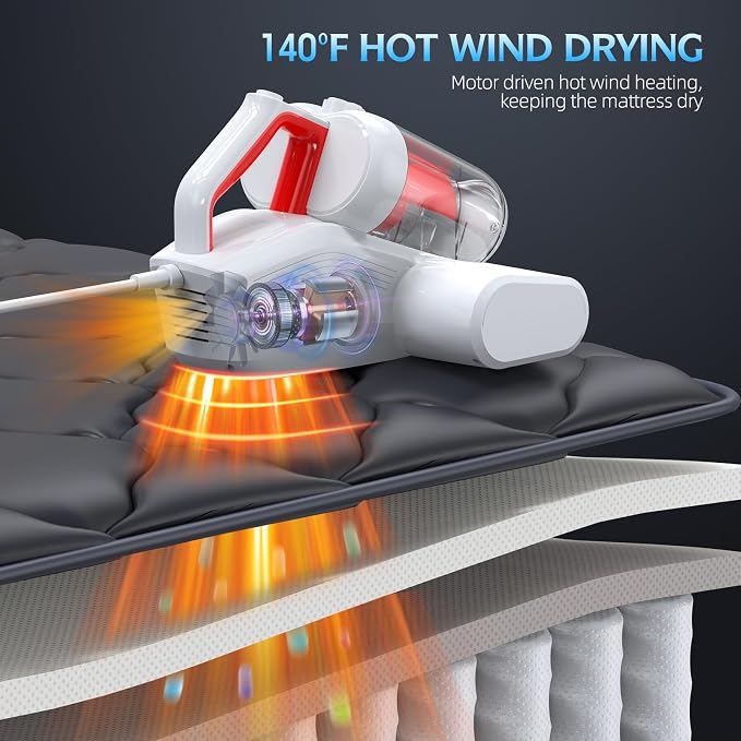 Mattress Vacuum Cleaner, 16Kpa 600W Bed Vacuum Cleaner with 253.7nm UV-C Light & Heating Tech & 40000 RPM/Min Brushroll Rotation, Widened Suction Port, Corded