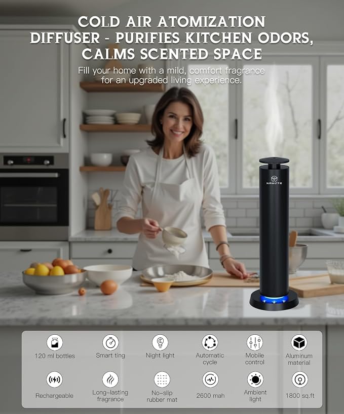 Waterless Diffuser,1800 Sq.Ft APP Control LED Light Ultra Quiet | 120ml Wireless Rechargeable Cold Air Essential Oil Diffusers, Button Control, Black Design, Modern Home & Bedroom