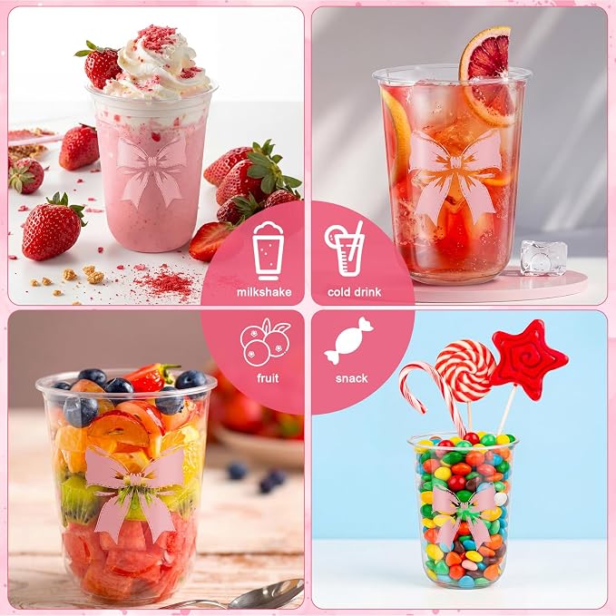 Ziliny 50 Pcs 16oz Pink Bow Cups Birthday Party Decorations Supplies Disposable Plastic Cups for Bachelorette Party Valentines Galentines Day Christmas Wedding Baby Shower