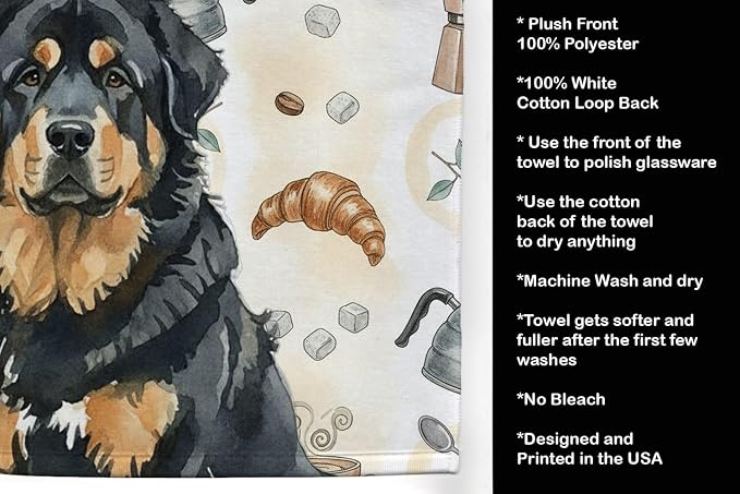 Caroline's Treasures Black and Tan Tibetan Mastiff Coffee Bar Kitchen Towel Velour Plush Front and Cotton Loop Back Machine Washable