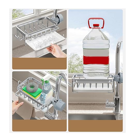 Kitchen Sink Faucet Organizer, Left Sponge Holder Over Faucet Sink Caddy with Drip Tray, Detachable Hanging Faucet Drain Rack for Scrubbers, Soap, Bathroom, Fits 0.7-1.1in Round Pipe (Silver)