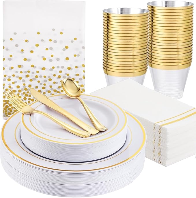 GATHER 175 Pieces Gold Dinnerware Disposable - White and Gold Plastic Plates Includes 50 Plates, 25 Plastic Silverware, 25 Napkins, 25 Cups for Wedding Party