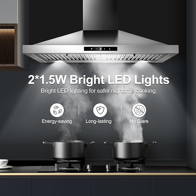 Tieasy Range Hood 30 inch, Vent Hoods 30 inch Stainless Steel, 450 CFM Ductless/Ducted Convertible Kitchen Hood with LED Light Baffle Filters, 3 Speed Exhaust Fan,Touch Control