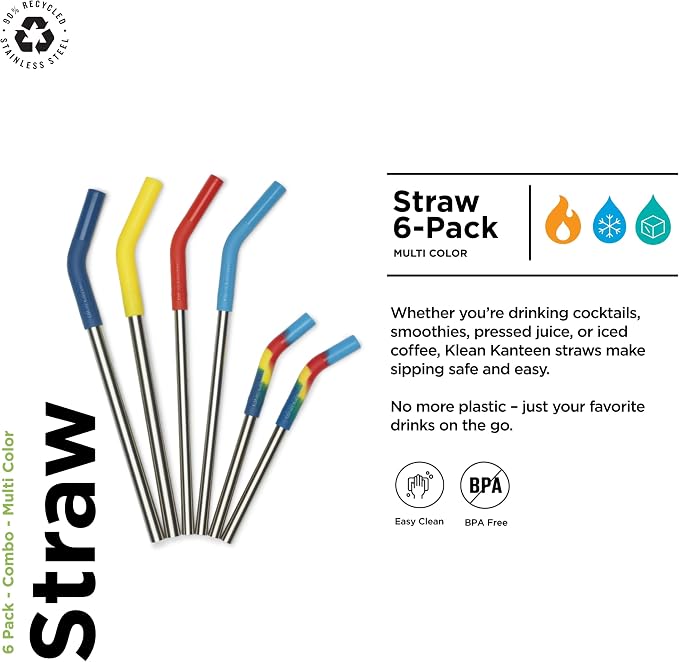 Klean Kanteen Short Recycled Stainless Steel Straw Set - Food Grade Silicone - With Straw Cleaner Brush - 6 Pack Short Straws, Multicolor