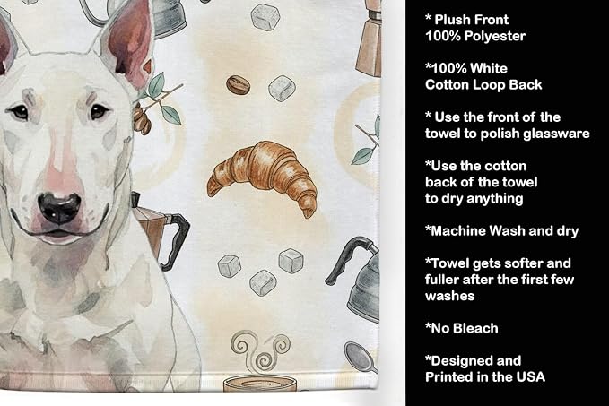 Caroline's Treasures White Bull Terrier Coffee Bar Kitchen Towel Velour Plush Front and Cotton Loop Back Machine Washable