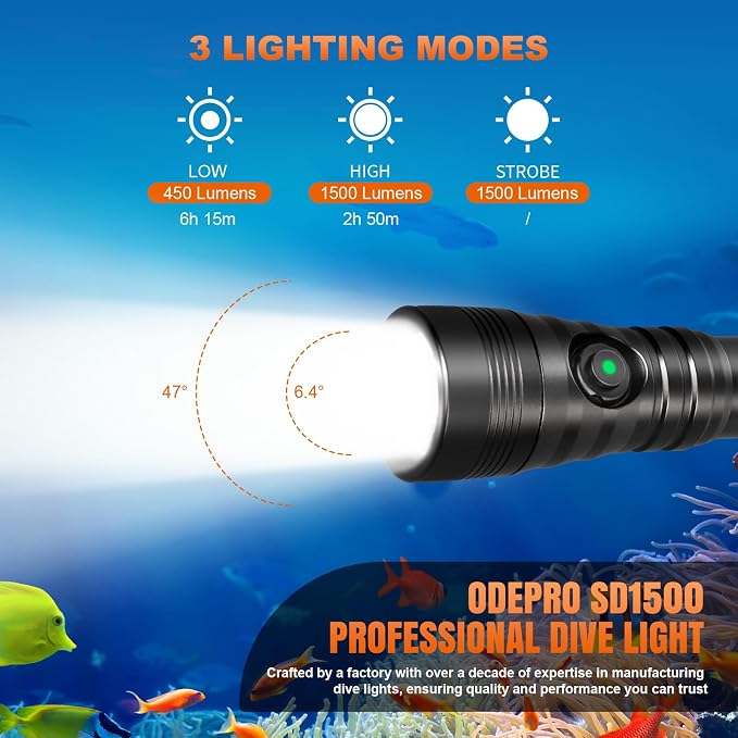 SD1500 Dive Light 1500 Lumens Scuba Diving Flashlight 3 Modes Waterproof Underwater Diving Safety Backup Lights with Power Indicator for Night Diving