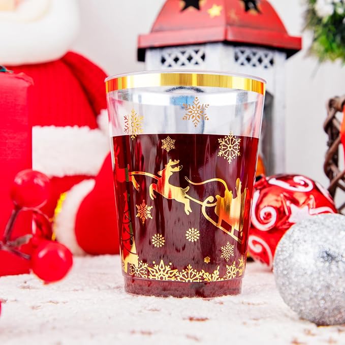 supernal 100pcs Christmas Party Cups,Gold Plastic Cups with Christmas Design,Plastic Party Cup,Disposable Cups,10oz Christ's Mass and Disposable Cups for Xmas Party