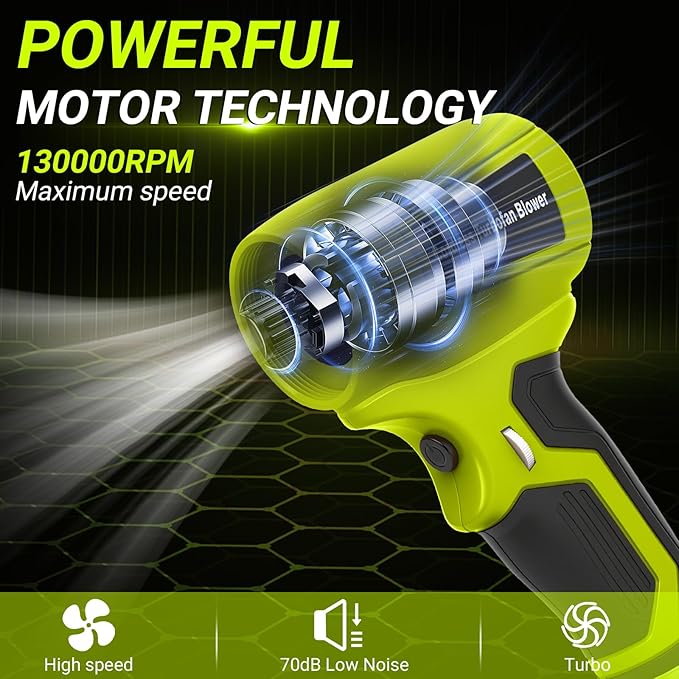 Handheld Leaf Blower for Ryobi 18V Battery, 130,000 RPM Brushless Cordless Blower with 5 Nozzles, Variable Speed, Lightweight Blower for Indoor and Car Interior Cleaning Tasks (No Battery)