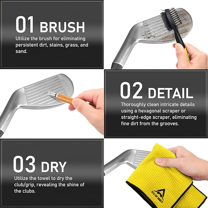 5 IN 1 Portable Golf Club Cleaning Kit, Golf Club Cleaning Brush with Retractable Zip, Golf Club Groove Sharpener Tool Use to U&V-Grooves, Golf Accessories with Microfiber Towel, Perfect Golf Gift