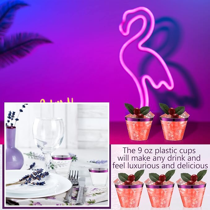 Lounsweer 100 Pcs 9oz Rimmed Plastic Cups Wedding Clear Cocktail Cups Heavy Duty Disposable Wine Glasses for Birthday Bridal Shower Baby Shower Holiday Celebrations(Purple)