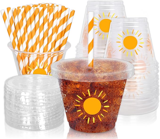 Whaline 100Pcs 9Oz Boho Sun Disposable Plastic Cups with Lids and Straws Cute Yellow Sunshine Cold Beverage Drinking Cups for Iced Coffee Smooth Juice Tea Milkshake