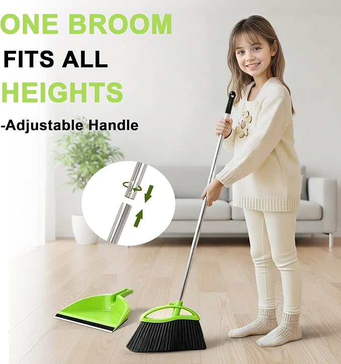 Soft Bristle Broom and Dustpan Combo Set, Long Handle Indocor Broom with Dustpan Set for Kitchen Hardwood Room Office and All Household Floor Cleaning (Green)
