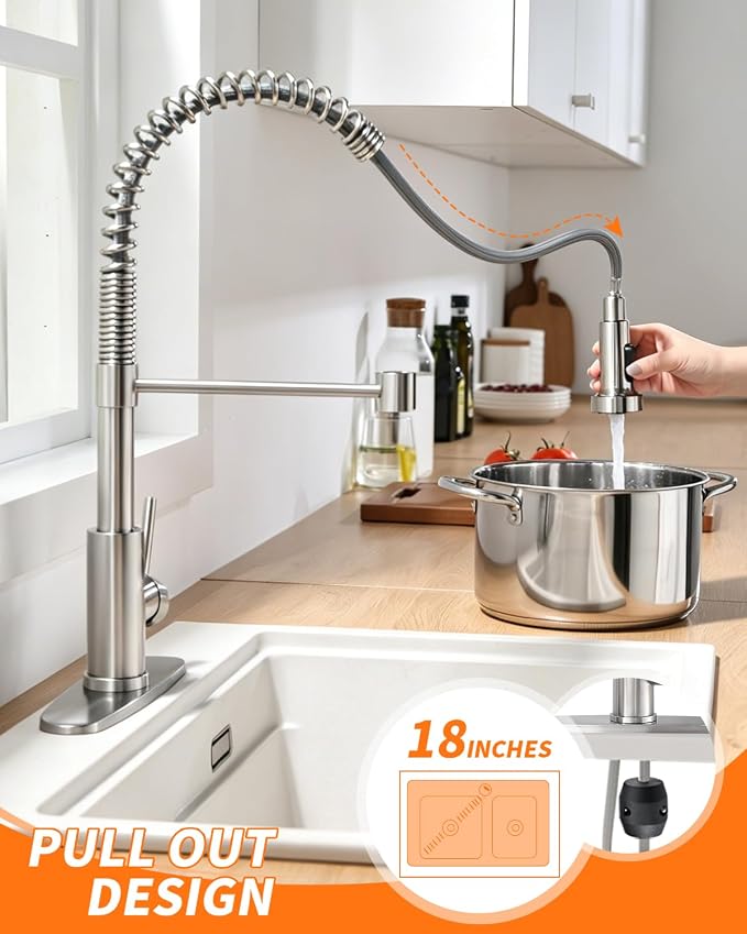 Kitchen Faucets, Brushed Nickel Kitchen Sink Faucet with Pull Down Sprayer Single Handle with Deck Plate Stainless Steel, Suitable for Farmhouse Camper Laundry Rv Bar - OWOFAN 9009SN