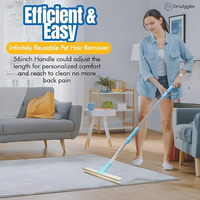 Carpet Rake & Handheld Rake for Pet Hair, Telescopic 56" Adjustable Handle, Pet Hair Removal for Carpet, Bedding, Furniture, Rugs and Car(Broom + Lint Roller)