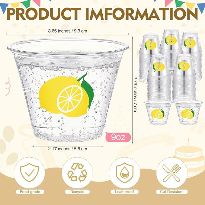 LemonRoad 100 Pack Lemon Cup 9 oz Yellow lemonade Disposable Clear Plastic Cocktail Cups Hot Cold Beverage Drinks for Men Women Summer Fruit Birthday Baby Shower Decorations Party Favors