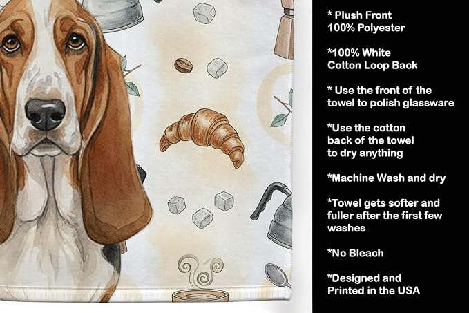 Caroline's Treasures Tricolor and White Basset Hound Coffee Bar Kitchen Towel Velour Plush Front and Cotton Loop Back Machine Washable