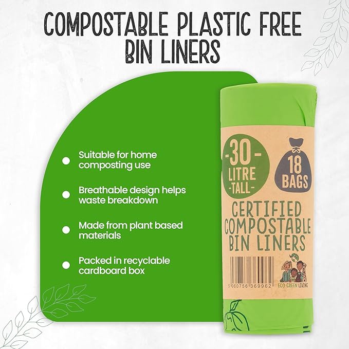 Eco Green Living Plastic Free, Strong and Leak Proof Refuse Sacks, Medium Bin Bags for Food Waste and Kitchen Bin, Tie Handle Garbage Bags, 72 Bags, 7.93 Gallons