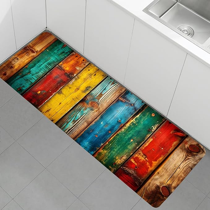 WODEJIA Non Slip Bath Rugs Sponge Foam for Bathroom,Flannel Mat Rug for Living Room, Absorbent MatS for Forlaundry Room and Kitchen, Colored Wooden Board Pattern Welcome Mat 47x18 Inches
