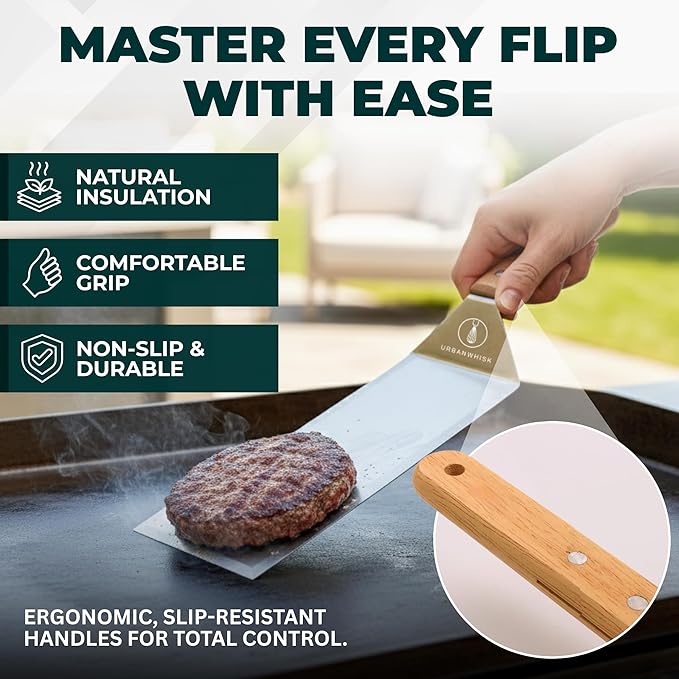 Griddle Spatula Set of 4 – Heavy Duty Stainless Steel Grill Spatula - Smash Burger Turner with Heat-Resistant Wooden Handle, Wide Beveled Edge Metal Spatulas for Flat Top, Cast Iron & BBQ