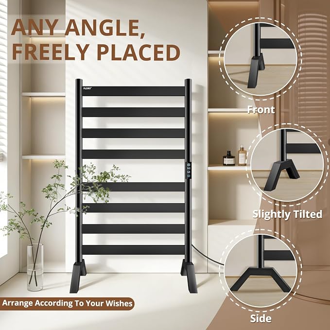 R FLORY Heated Towel Racks for Bathroom Freestanding & Wall Mounted, WiFi-Enable Electric Towel Warmer Rack, Extra-Wide Heating Area Fast Heating with Timer & Temperature Control, 8 Bars, Matte Black
