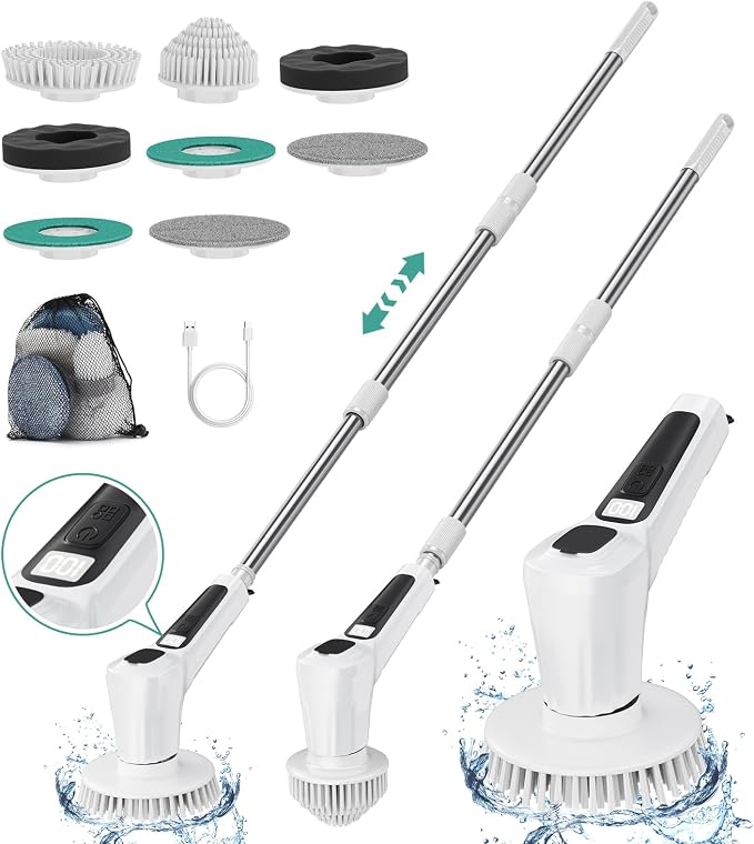 Electric Spin Scrubber,IP68 Professional Waterproof Spin Scrubber，5400mAh Battery Power Spin Scrubber, 51 inch Cordless Household Cleaning Brush with Automatic Water Spray (White)