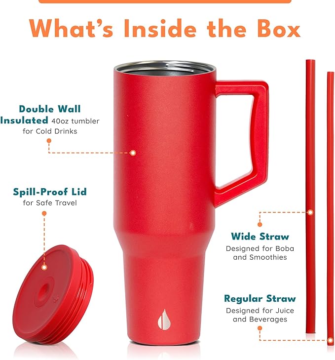 Elemental 40 oz Tumbler with Handle and Straw - Spill Proof Insulated Stainless Steel Commuter for Cold Beverages - Travel Coffee Mug with 2 Straws & Spill Proof Lid - 40oz - Red