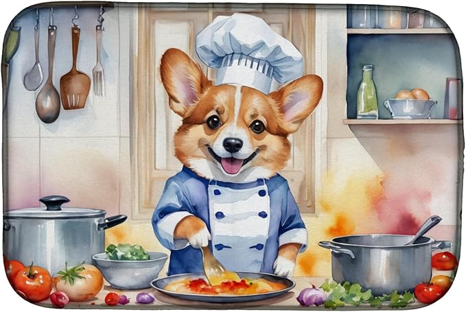 Caroline's Treasures DAC6235DDM Corgi The Chef Dish Drying Mat Absorbent Dish Drying Mat Pad for Kitchen Counter Dish Drainer Mat for Countertop, 14 x 21", Multicolor