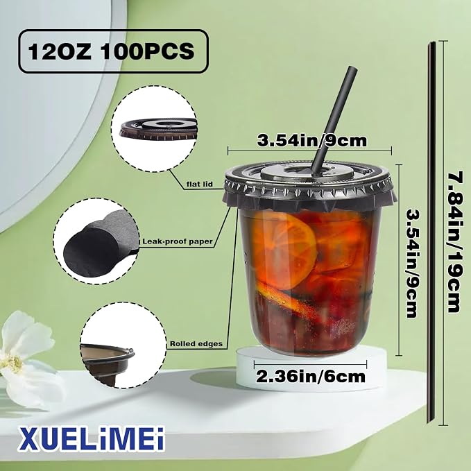 12oz Disposable Stemless Glasses with Flat Lids and Straws,PET Disposable Drinking Cups,Clear Plastic Wine Glasses for Parties Birthday,Wedding,Meeting,Christmas Party Supplies. (100, Black)