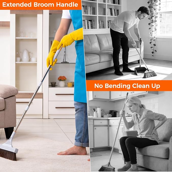 Broom and Dustpan Set with Adjustable Handle, Upright Design, Built-in Comb Teeth, Mint Green, for Home Office Hardwood Floors Pet Hair (Silver/Gray)