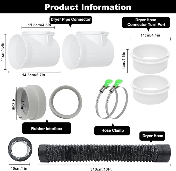 4Inch Dryer Vent Hose 10FT, Rubber Interface Dryer Vent Connector Kit for Tight Space, 90 Degree Dryer Vents Elbow, 6 Layer Heavy Duty Flexible Aluminum Duct with 2 Key Hose Clamps