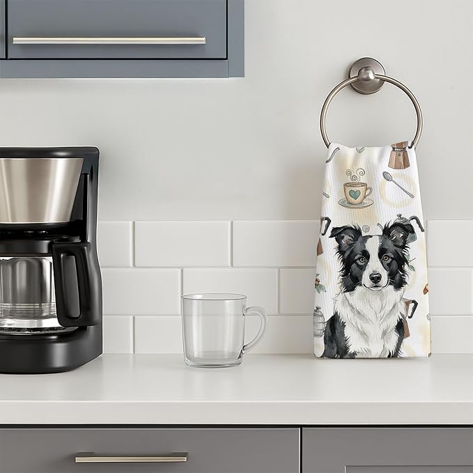 Caroline's Treasures Border Collie Coffee Bar Kitchen Towel Velour Plush Front and Cotton Loop Back Machine Washable
