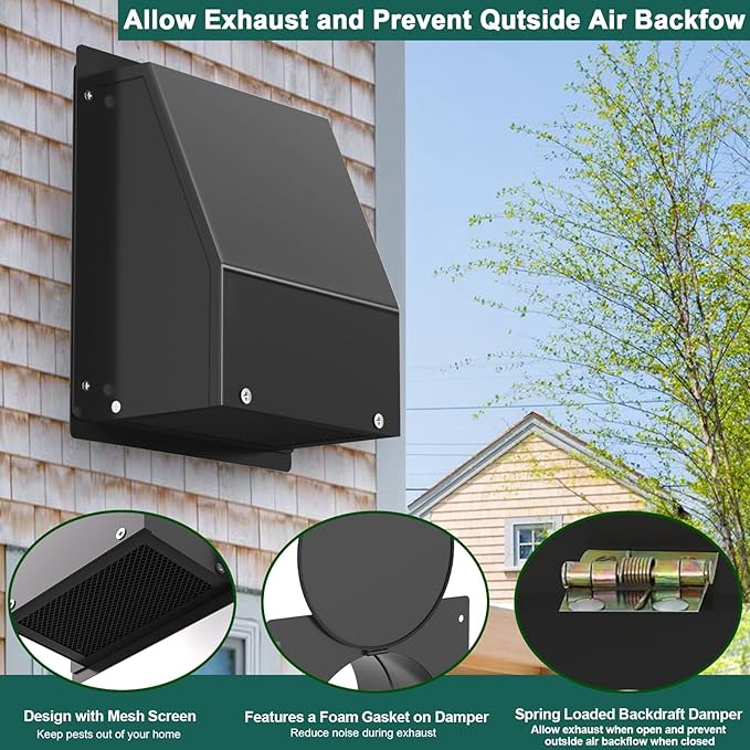 10 Inch Hooded Wall Vent Cover with Screen and Damper, Galvanized Steel Outdoor Wall Exhaust Vent Cover Cap Black for Dryer Bathroom Fan Range Hood HVAC Duct Ventilation (Includes Tape & Clamps)
