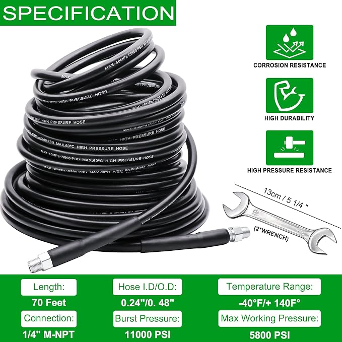 70FT Sewer Jetter Kit for Pressure Washer, 5800PSI Drain Cleaner Hose 1/4 Inch NPT, Corner, Rotating and Button Nose Sewer Jetting Nozzle Waterproof Tape Pearl Corsage Pin with 2Pcs Spanner