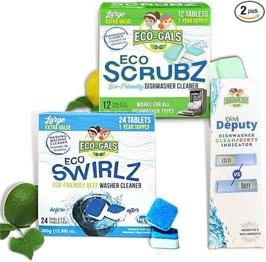 ECO-GALS Scrubz & Swirlz Washing Machine and Dishwasher Cleaner Bundle Unscented - 1 Year Supply Plus Dishwasher Magnet Organizer