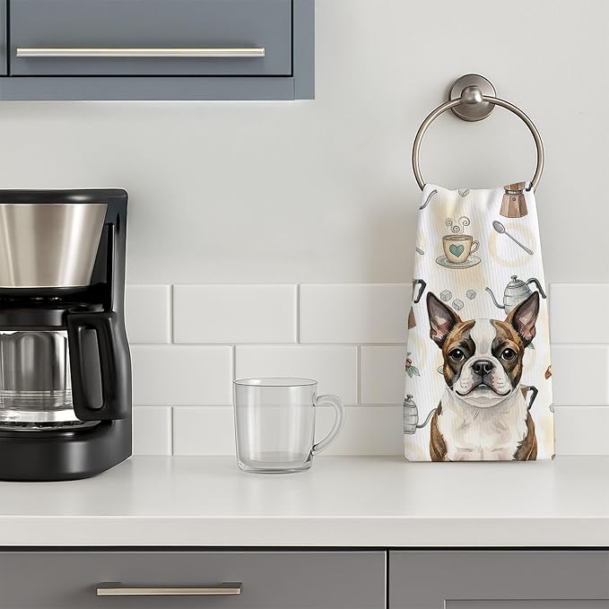 Caroline's Treasures Brindle Boston Terrier Coffee Bar Kitchen Towel Velour Plush Front and Cotton Loop Back Machine Washable