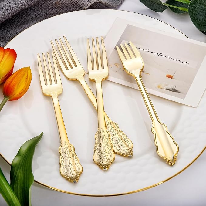 WDF 100 Piece Gold Forks Disposable - 7.48 Inch Gold Plastic Forks - Baroque Plastic Silverware for Dessert Cake - Heavy Duty for Party Wedding Daily Using Baby Shower Spring