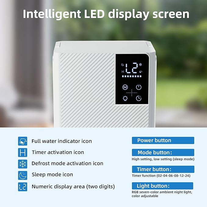 Electactic Dehumidifier, Quiet Efficient Humidity for Home Bedroom Bathroom 800 Sq. Ft, 67OZ Dehumidifier with Touch Control, Multiple Modes, Timer, Auto Shut-Off & RGB 7 Colors Night Light, White