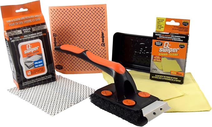 Proud Grill Q-Swiper XL Complete Grill Cleaning Kit - Long Bristle & Wire-Free Brush, Steam-Clean Cloths, Moist Wipes, Exterior Reusable Cloth & Plastic Tray, Grease & Grime Remover, BBQ Accessories