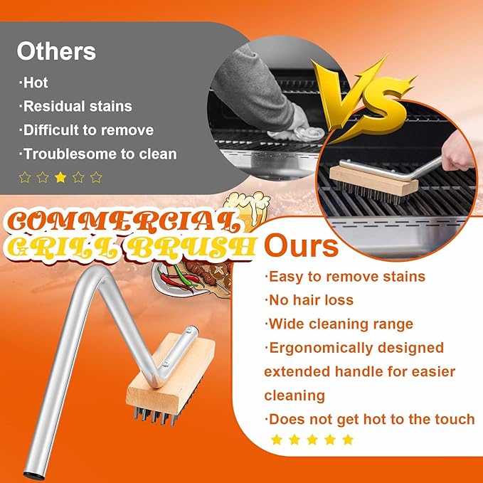 8'' Grill Brush, Commercial Grill Cleaner Brush Heavy Duty Steel Wire Broiler Bristle Brushes for Outdoor, Barbecue Accessories, Durable and Effective